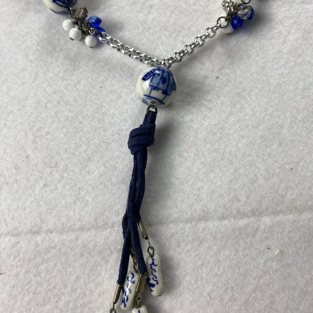 Elegant Blue & White Porcelain Chinoiserie Beaded Tassel Necklace Suede Cord 18”